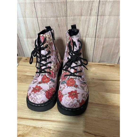 TUK Anarchic Pink Skull & Roses Combat Boots - Picture 5 of 10
